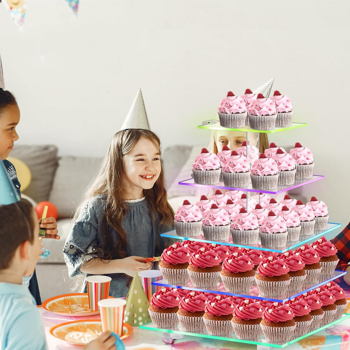 Cupcake Stand with Rechargeable Led, 5 Tier Clear Cupcake Holder, 7 Colors Light Cupcake Tower