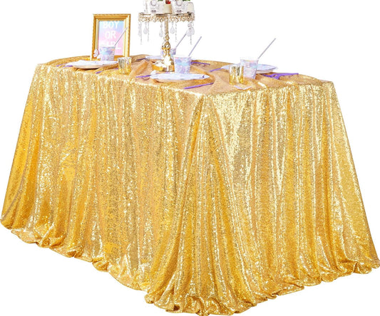 QueenDream Glitter Gold Tablecloth for Parties 90x156 Inch Sequin Fabric Rectangle Table Cloth for