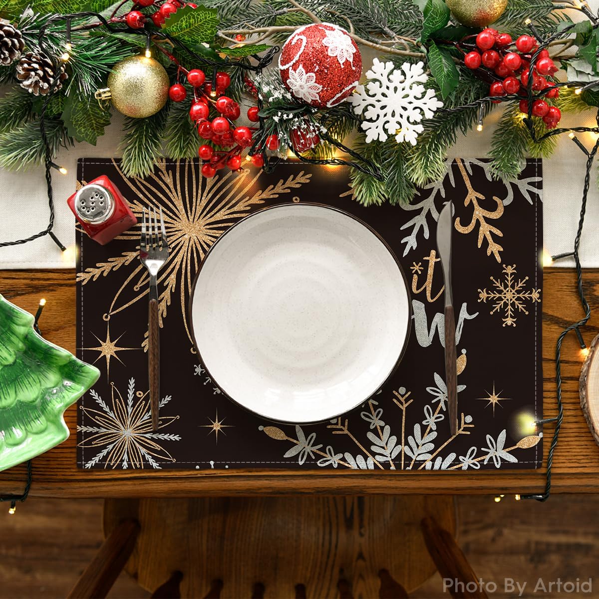 Artoid Mode Black Snowflake Let It Snow Winter Placemats Set of 6, 12x18 Inch Seasonal Christmas