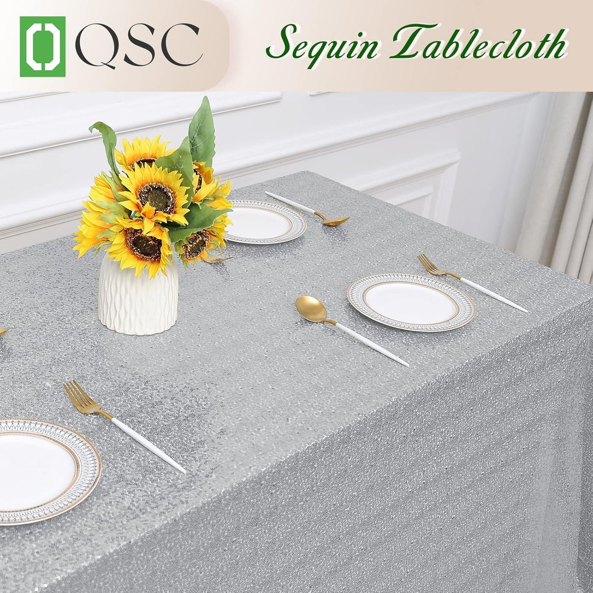 OQSQ Silver Sequin Tablecloth 50x80 inch, Sparkle Sequence Table Cover Glitter Drape Table Cloth