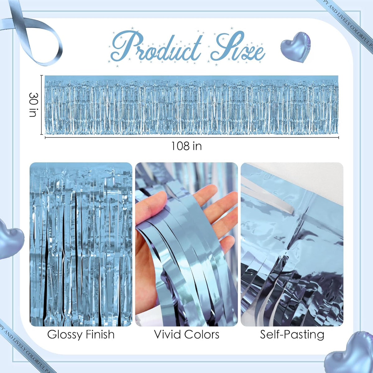 8 Pack Light Blue Table Skirts, 29x108" Metallic Foil Tinsel Fringe Table Skirts for Rectangle