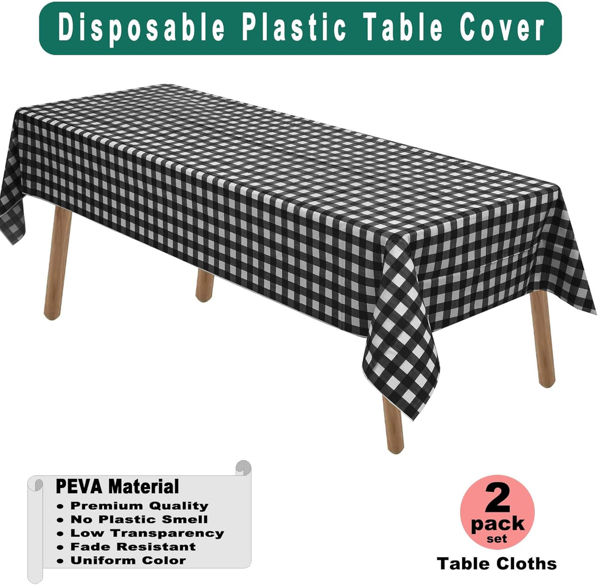 Black & White Gingham Checkered Plastic Tablecloths 2 Pack Disposable Table Covers 54 x 108 Inch