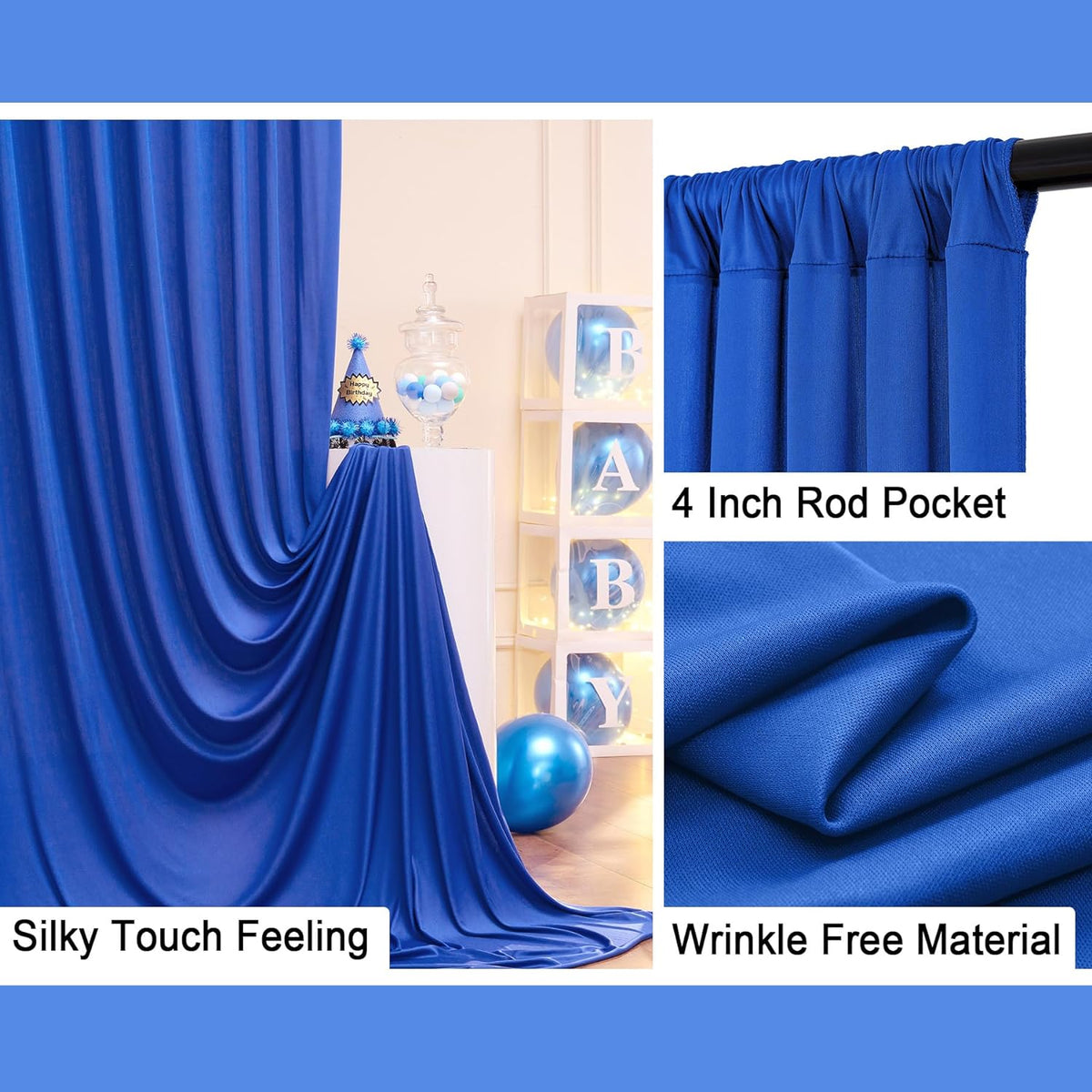 30ft x 10ft Wrinkle Free Royal Blue Backdrop Curtain for Party, Polyester Royal Blue Photo Backdrop