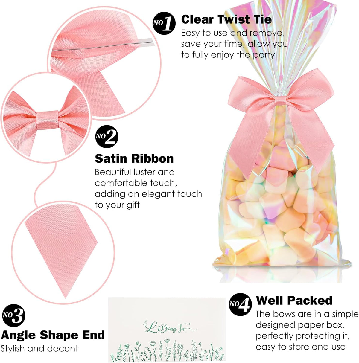 3.5" Pink Bow Satin Pre-Tied Bows for Gift Wrapping, Small Bows for Crafts, Premade Bows, Candy