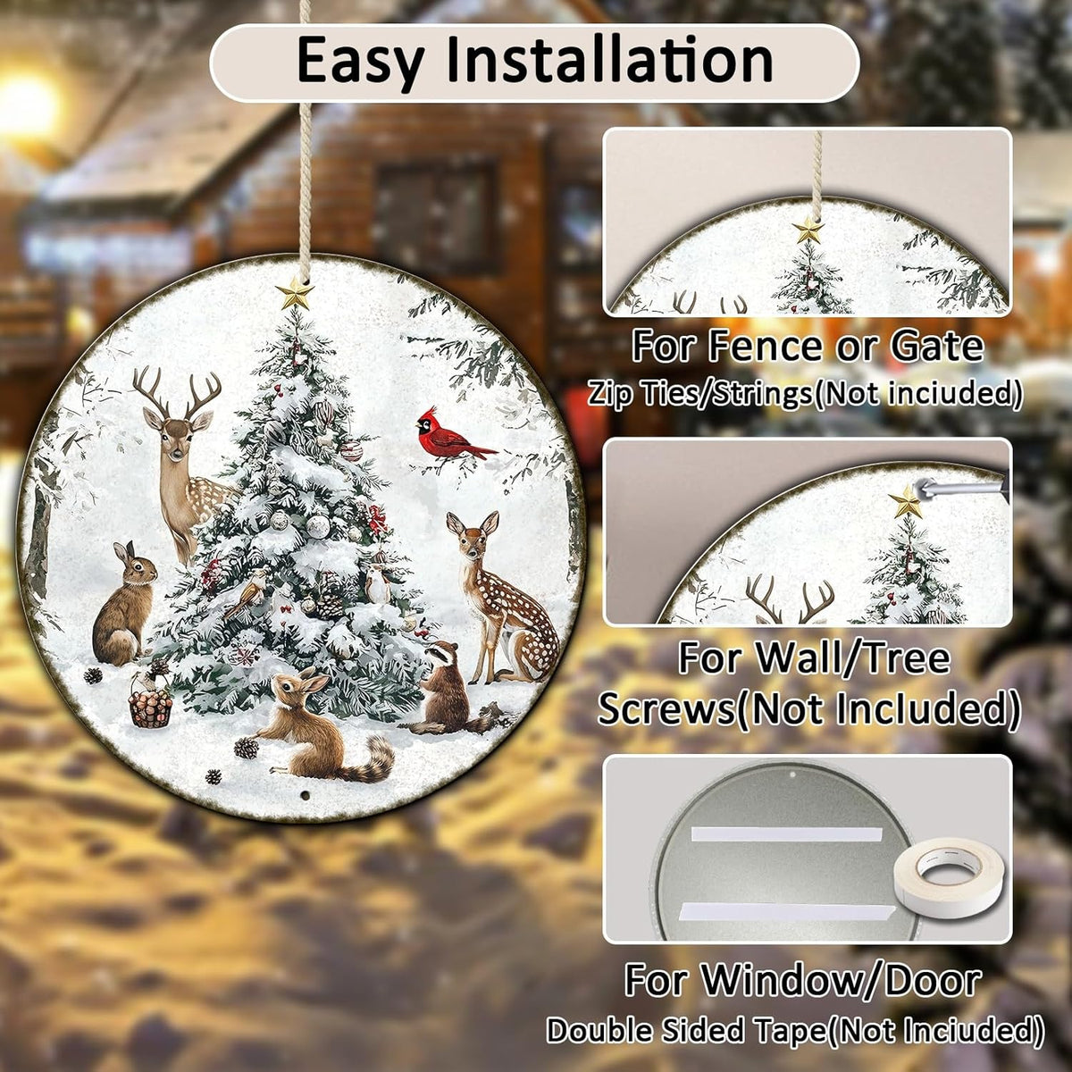 Round Christmas Snow Animals Metal Tin Sign - Vintage Christmas Tree & Winter Sign for Home &