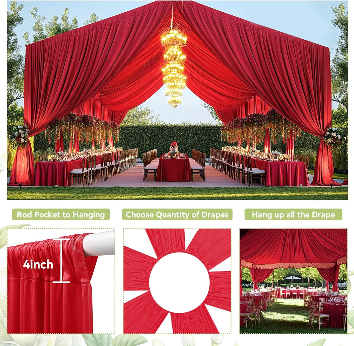 PartyVillage 20ftx40ft Red Ceiling Curtain for Wedding Parties – 4 Panels Wrinkle-Free 40 FT Long