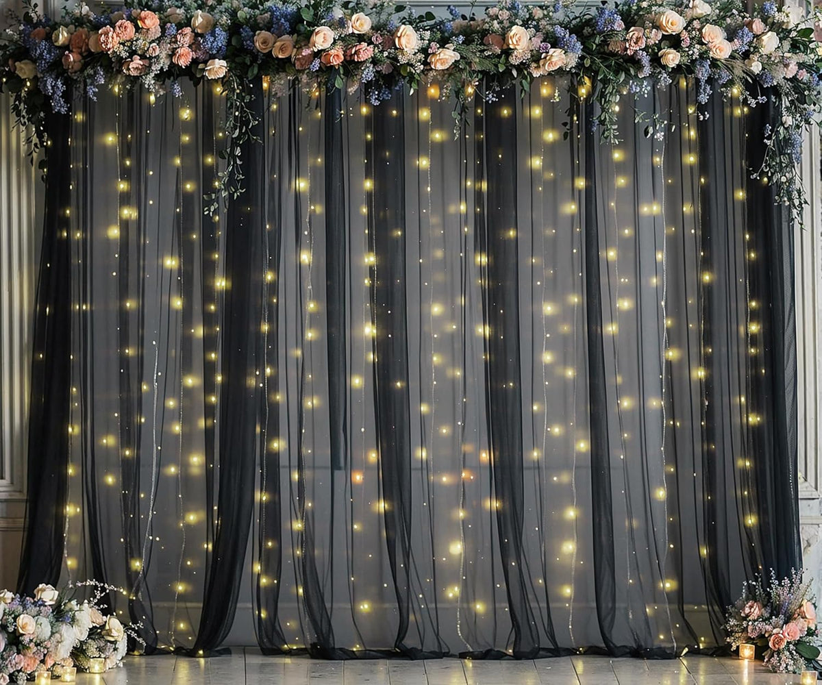 Black Tulle Backdrop Curtain with Lights String for Parites 20ft×10ft Black Sheer Backdrop Curtains