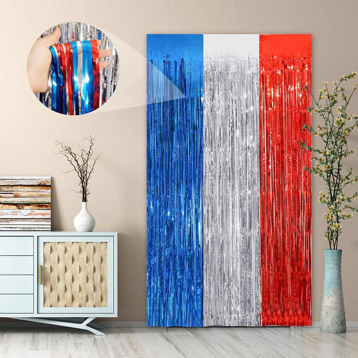 2Pack 3.3 x 8.3Ft Blue Red Silver Foil Fringe Streamers Curtain Metallic Foil Tinsel Fringe Door