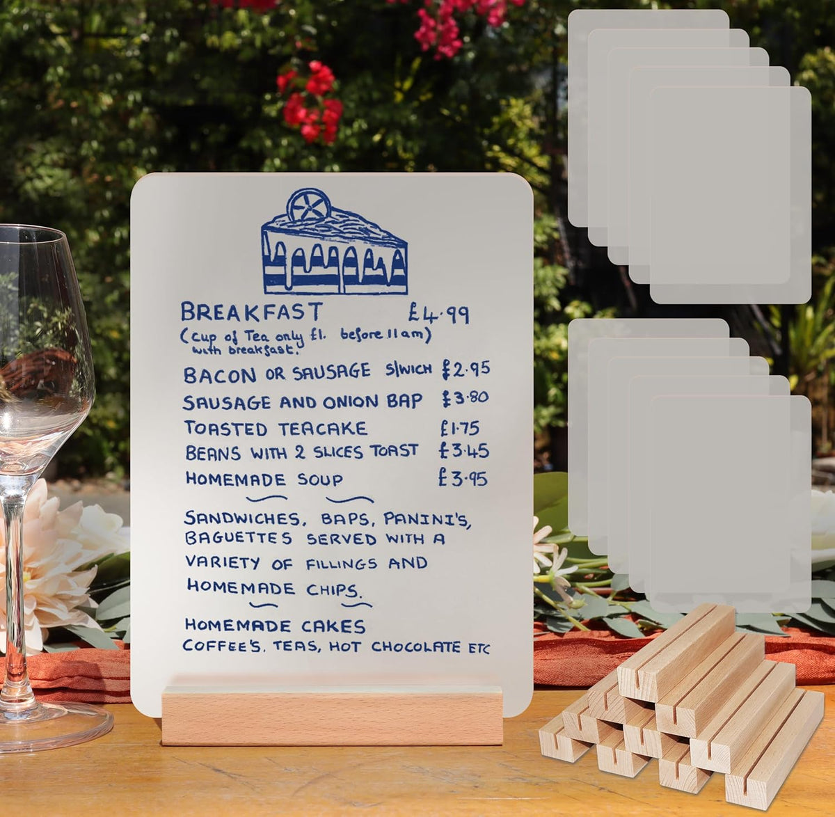 Frosted Blank Rectangle Acrylic Sign with Wooden Stands - 10 Pack DIY Customizable Sign Kit for