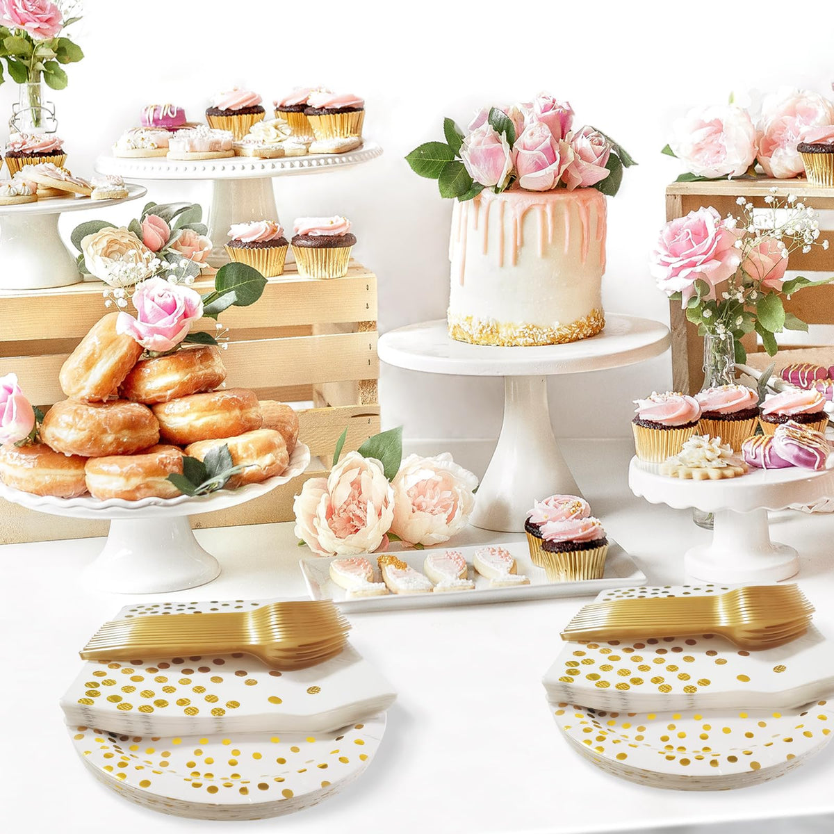 WXLDGHQ White and Gold Paper Plates Napkins Party Supplies