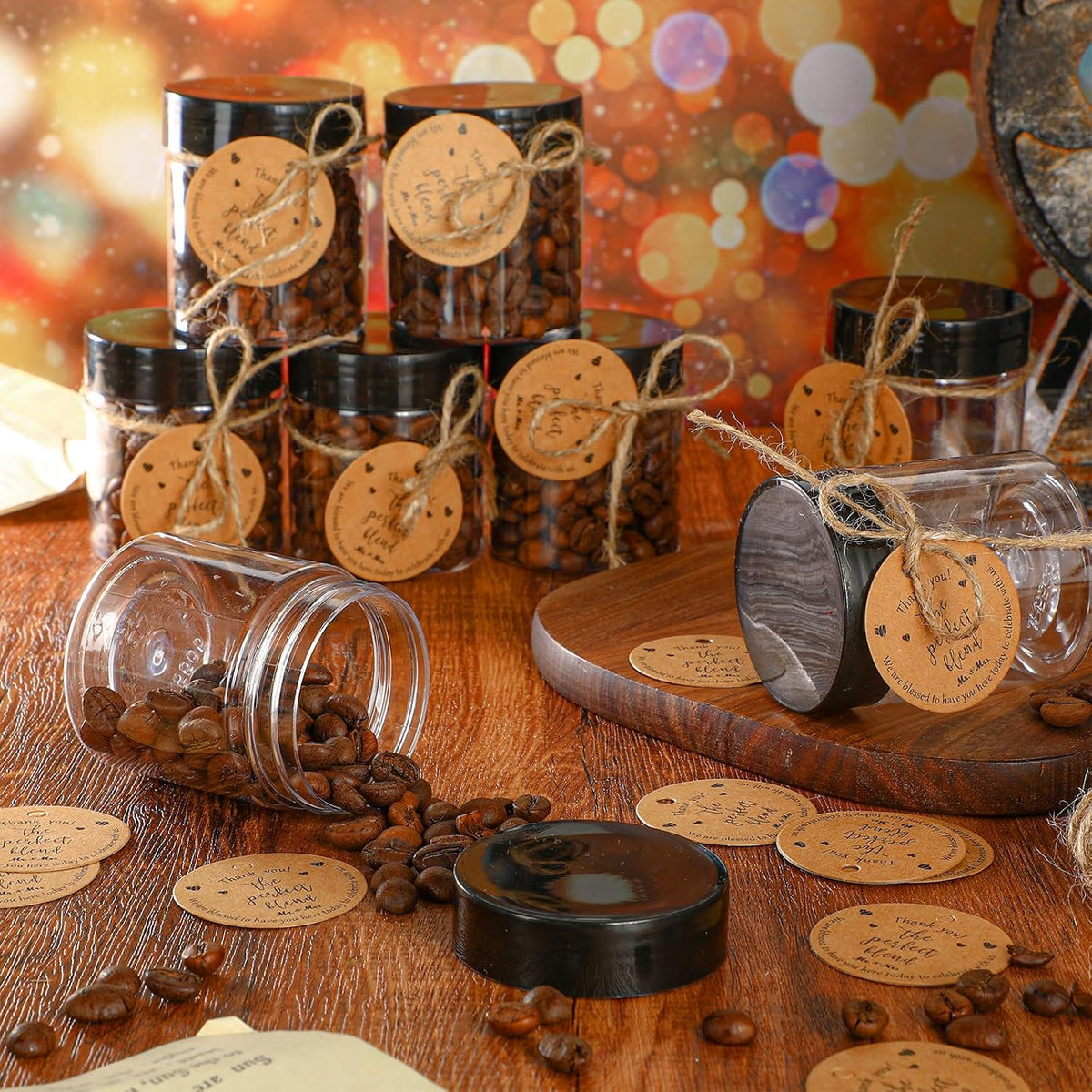 102 Pcs Coffee Bean Wedding Favors for Guests 50 Coffee Bean Jars with Lids 50 Thank You Tags