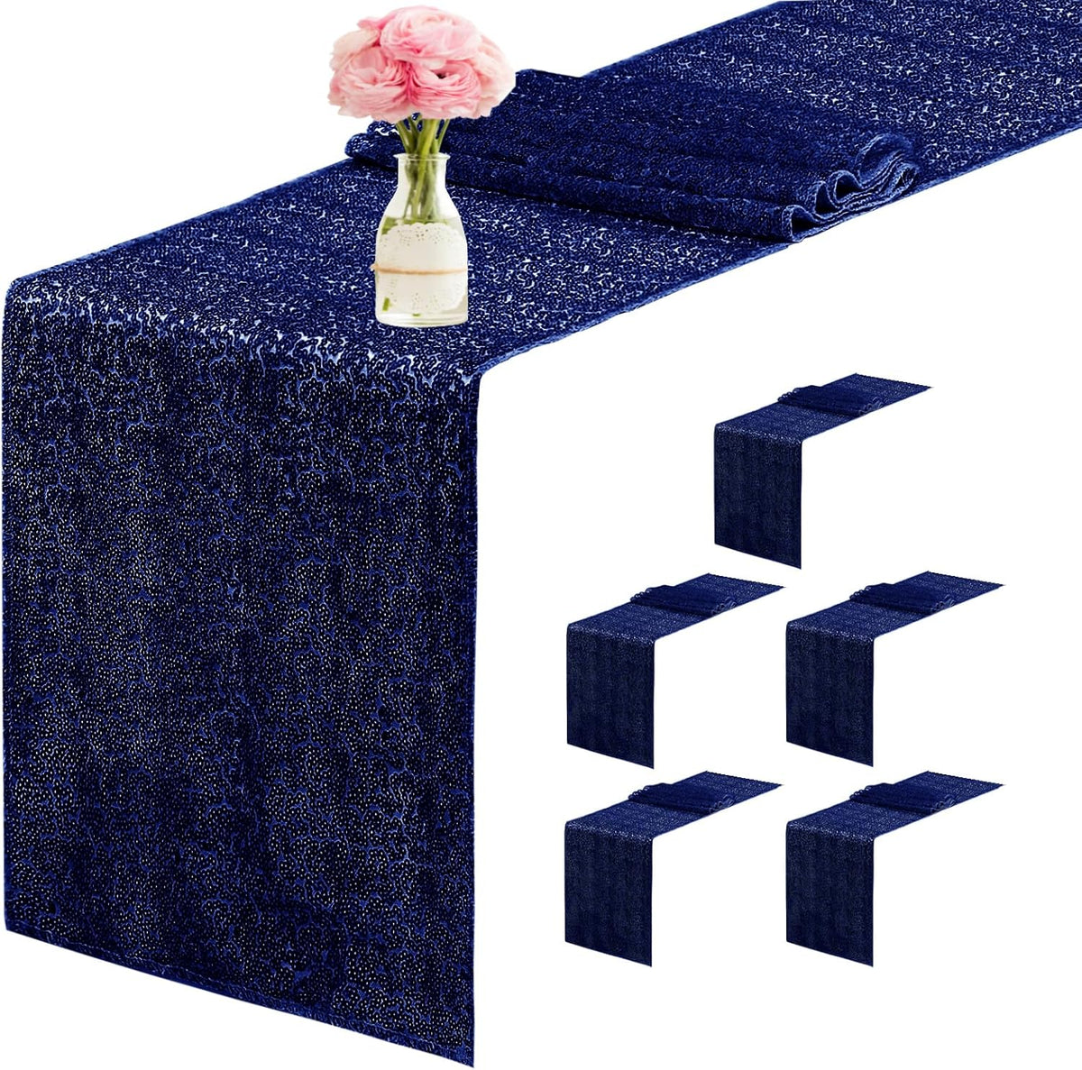 6 Packs 12 x 72 inches Sequin Table Runner, Navy Blue Glitter Table Runner for Birthday Party