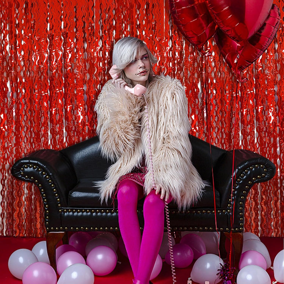 Red Tinsel Foil Fringe Curtains Wavy Backdrop for Parties Sparkle Metallic Wavy Foil Fringe