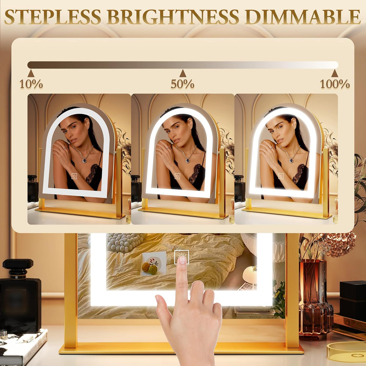 Lighted Makeup Mirror with 3-Color Dimmable Lighting, with Removable 10x Magnifier, Smart Touch