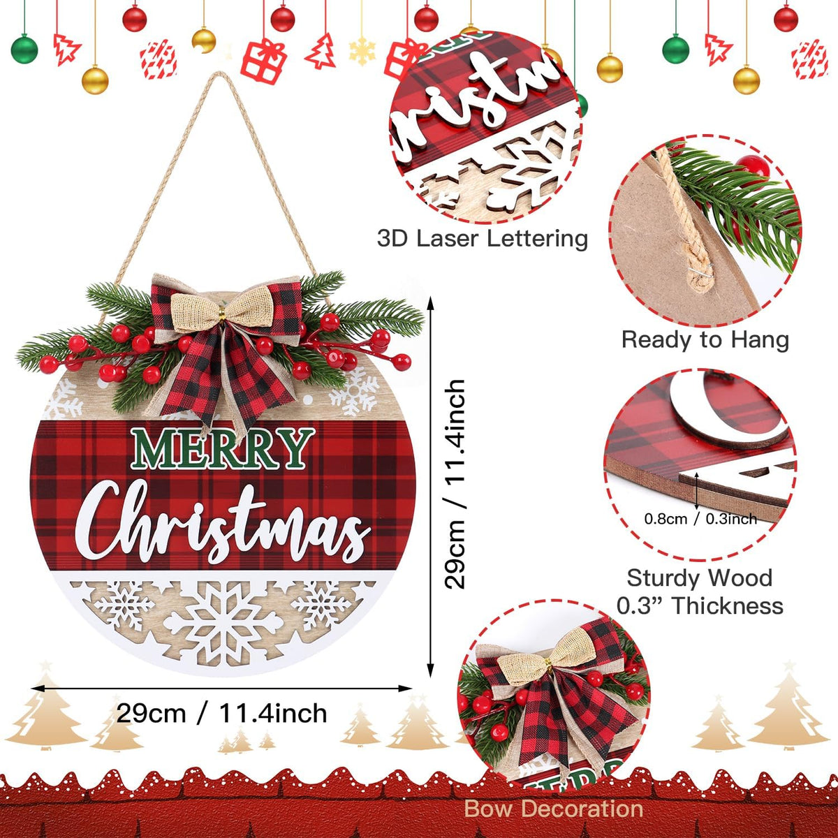 CHDITB 3D Merry Christmas Front Door Sign Wreath(11.4”), Red Black Bufflao Plaid Christmas