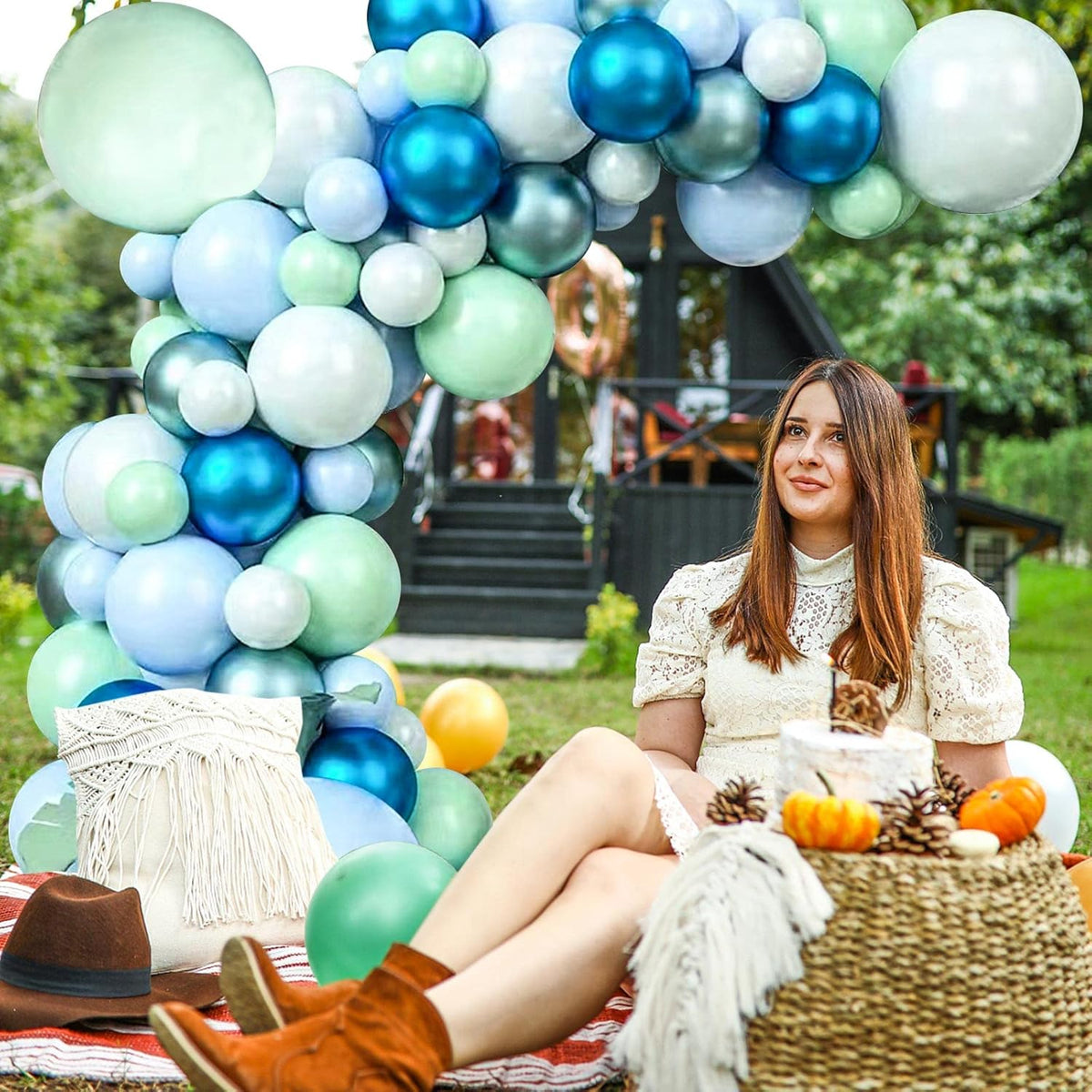 125pcs Blue Green Macaron Balloon and Metallic Blue Silver Balloon Garland Kit for Birthday