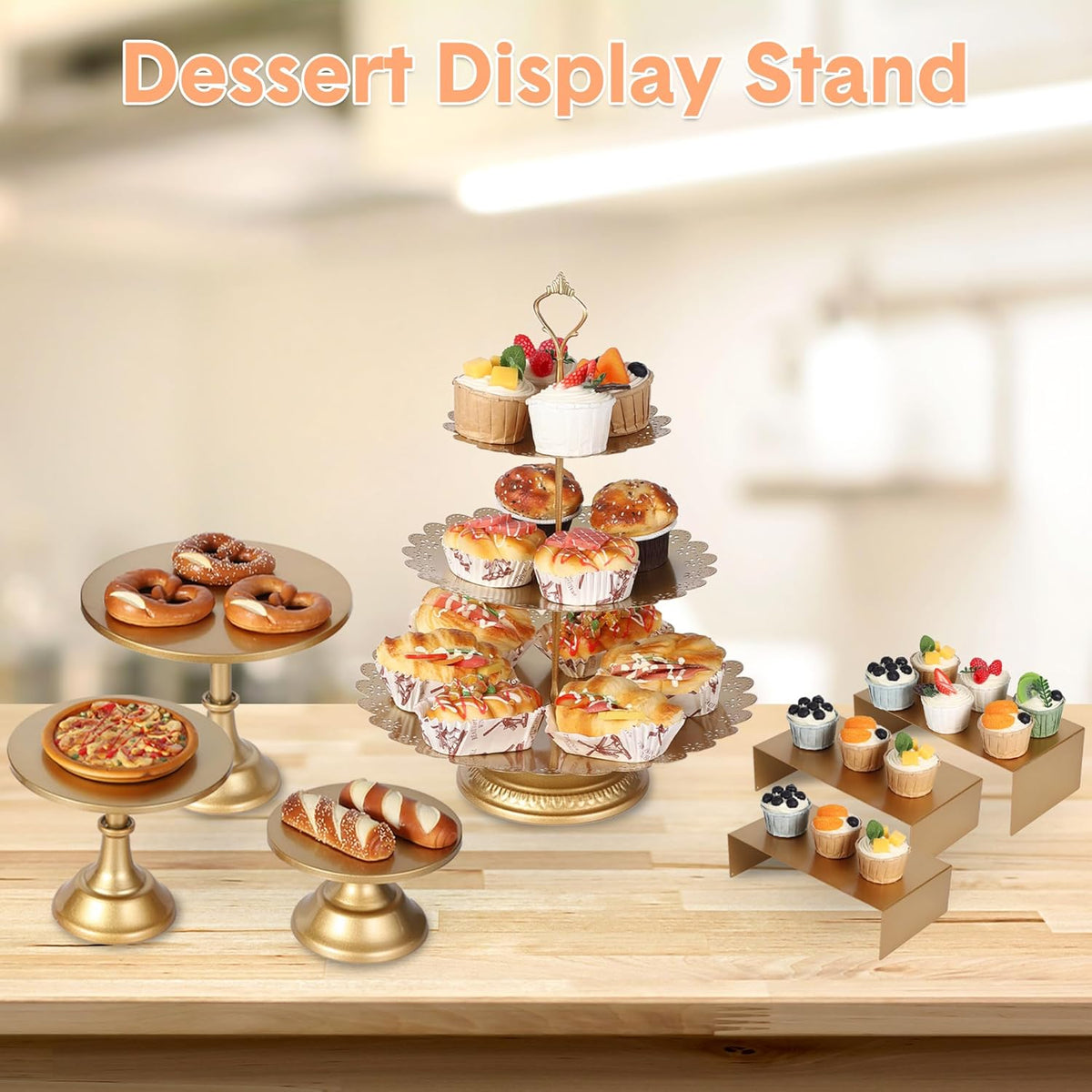 Garvee 7-Piece Gold Metal Cake Stand Set, Dessert Table Display Set with 3 Sizes Round Pedestal