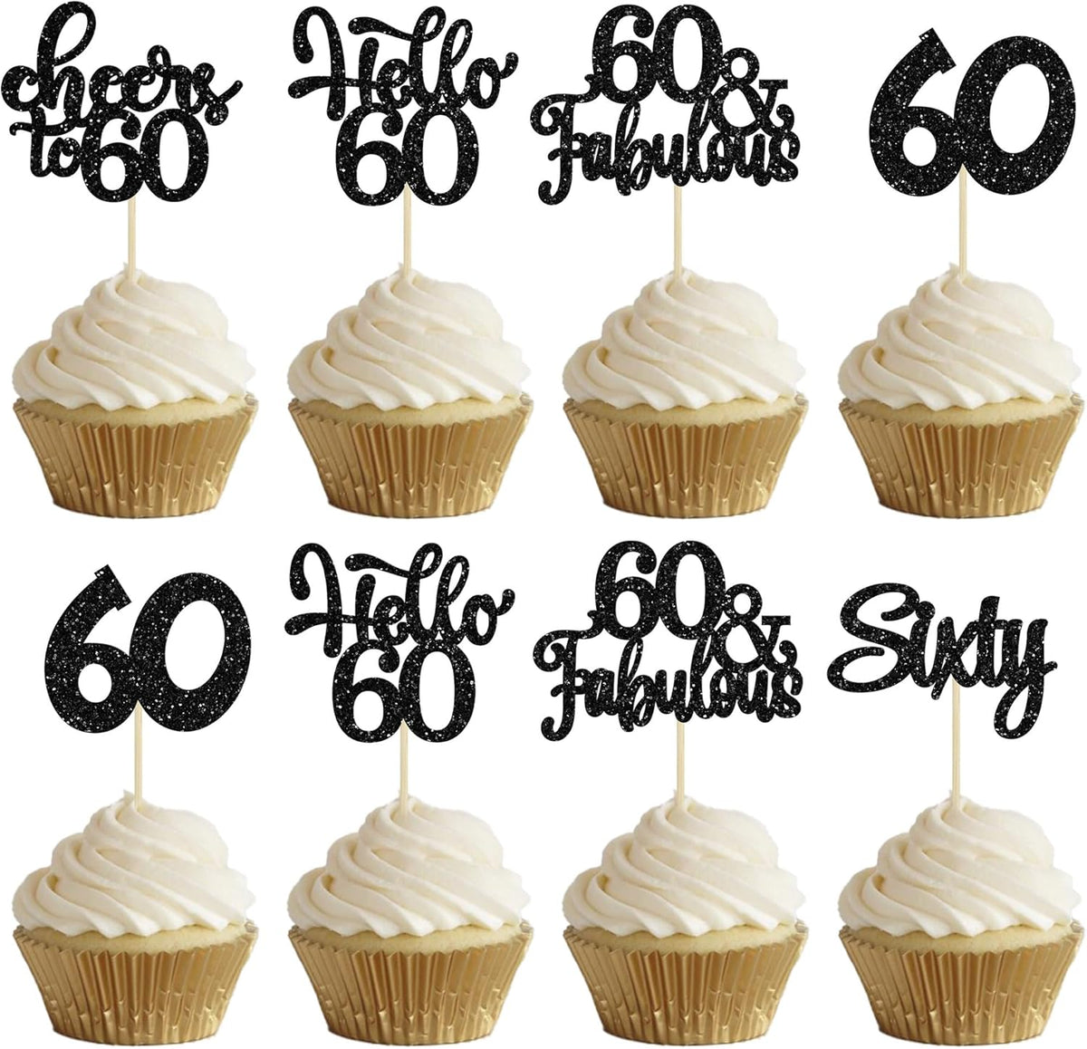 30Pcs Happy 60th Birthday Cupcake Toppers Black Glitter Sixty Cake Toppers Cheers to 60 Years Old