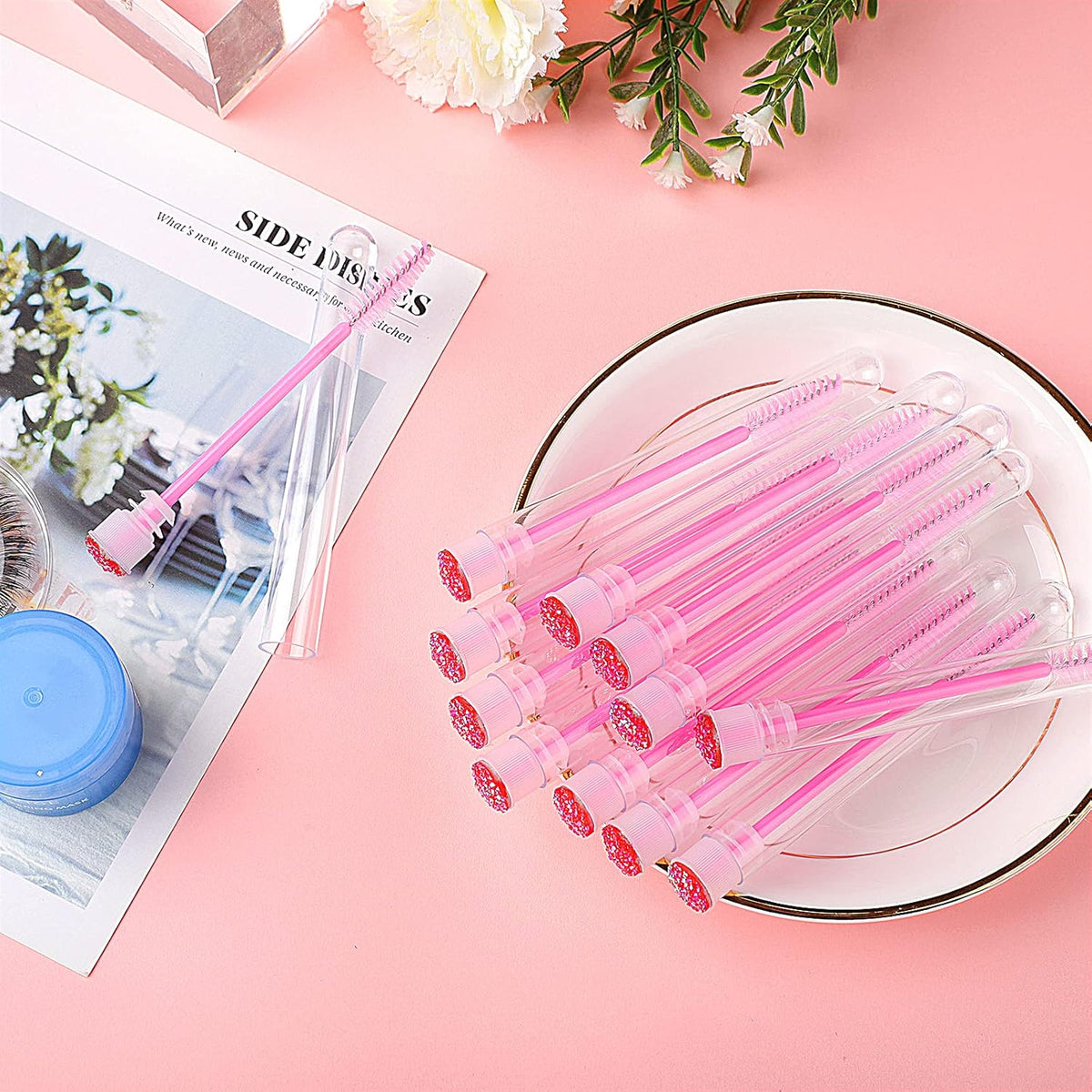 50-Piece Disposable Mascara Brushes - Eyelash Brushes, Diamond Mascara Wands with Tube, Makeup