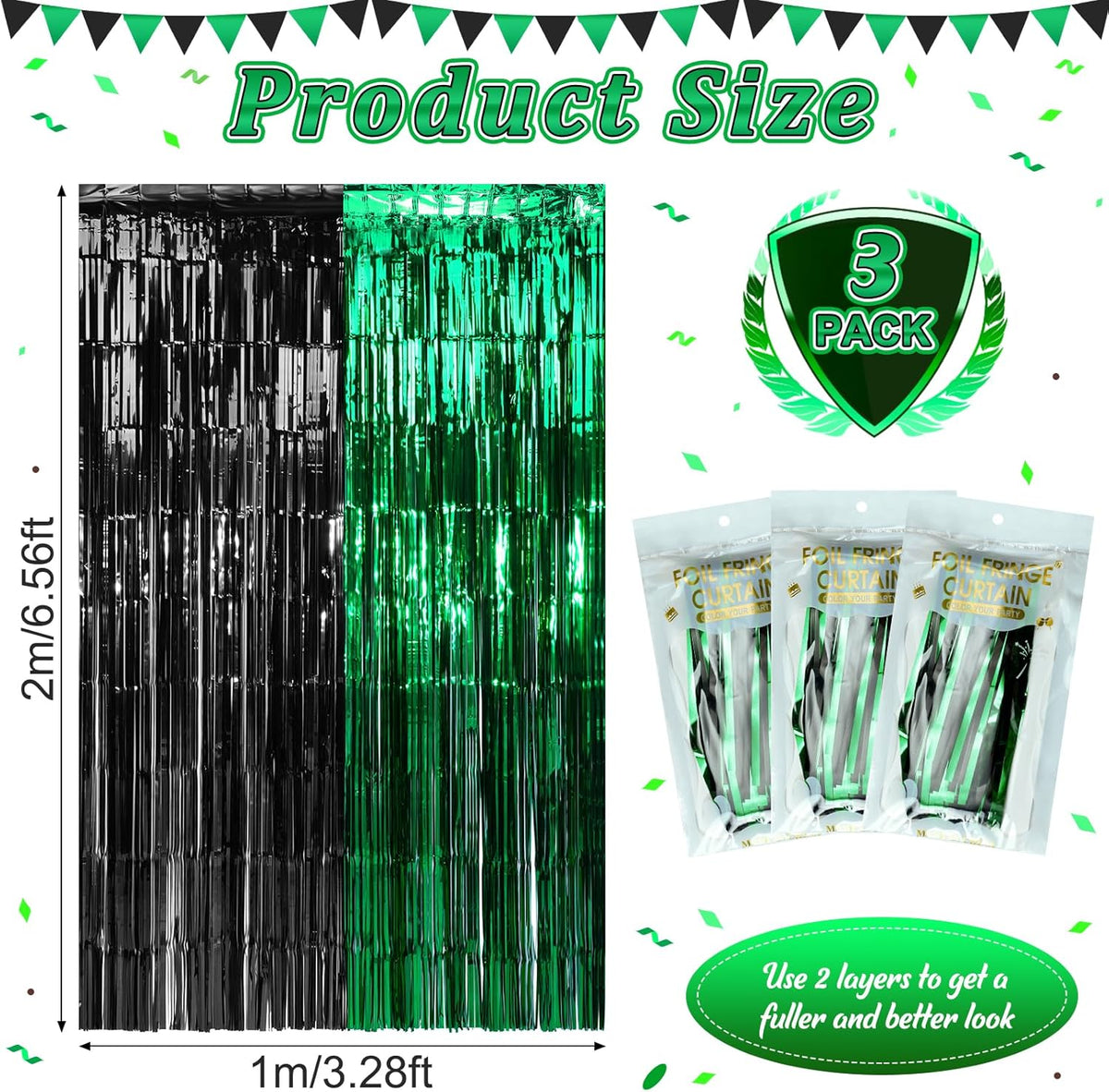 3Pack 3.3Ft x 6.6Ft Graduation Foil Fringe Curtain Backdrop Decorations, Green Black Metallic