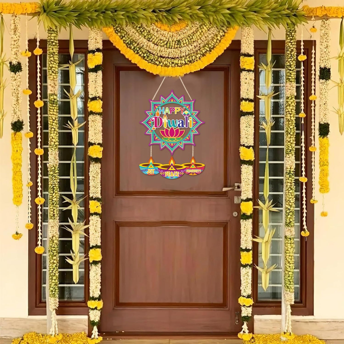 CHDITB Happy Diwali Front Door Sign Wreath(15"x11"), Wooden Lotus Rangoli Diyas Indian Festival of