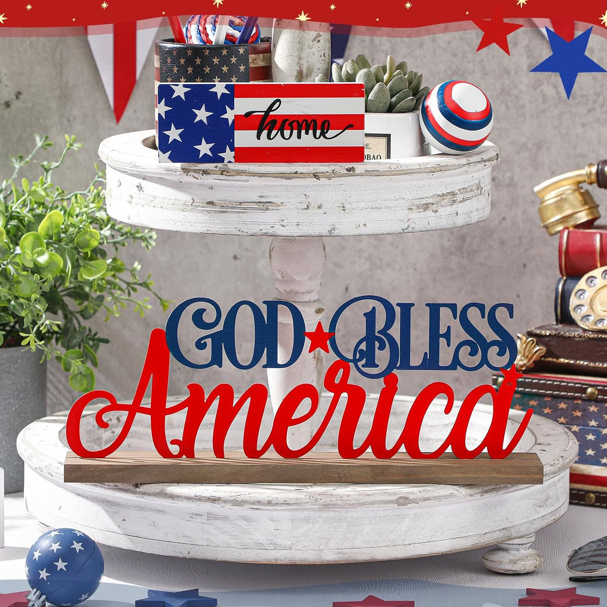 Patriotic God Bless America Metal Sign Rustic Table Decor Holiday Tiered Tray Decor with Wooden