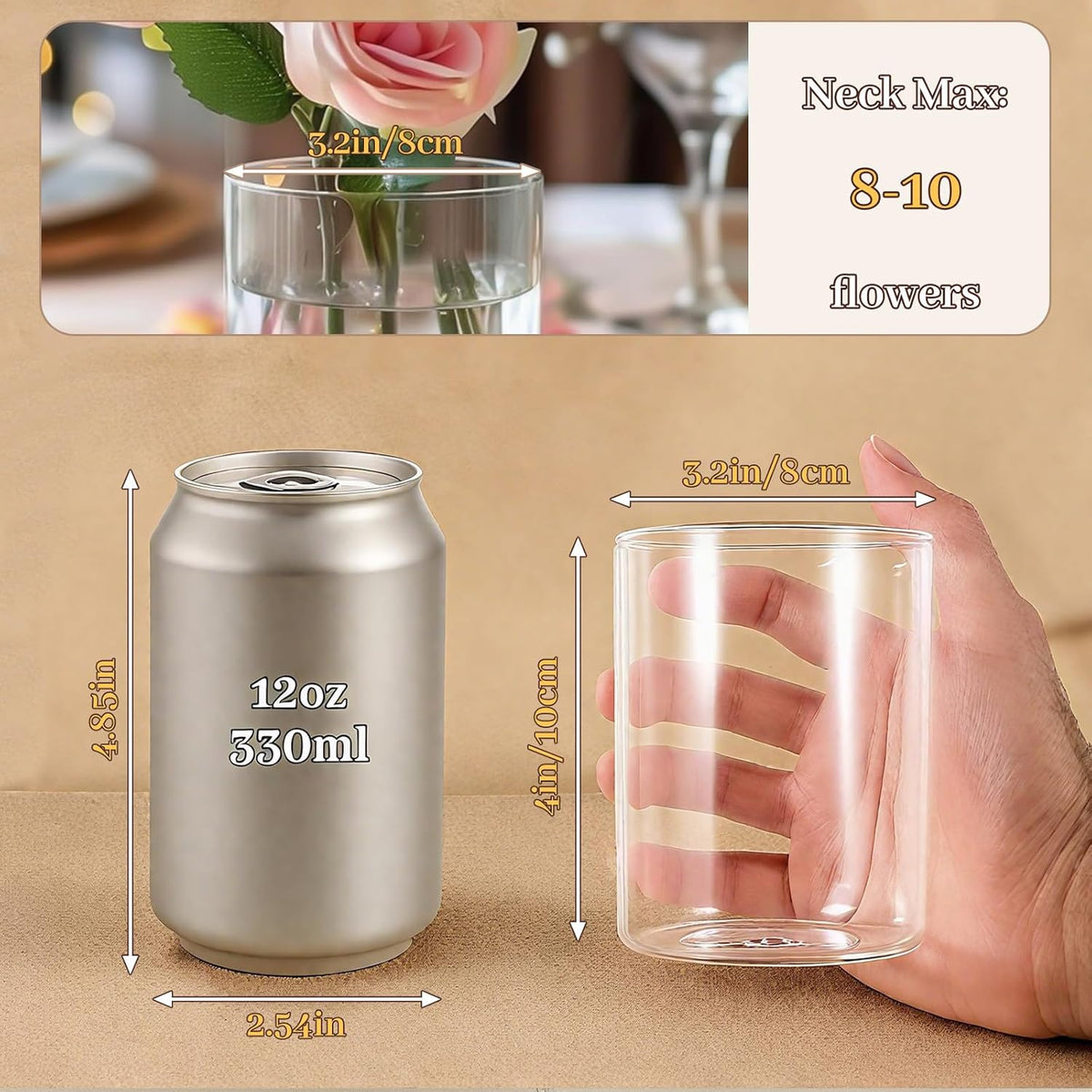 12pcs Small Glass Cylinder Vases for Centerpieces, 4 Inch Clear Flowers Vase for Wedding