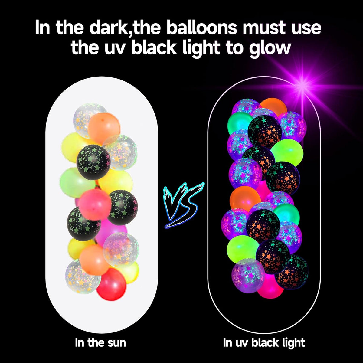 90 Pcs UV Neon Balloons ,Neon Stars Glow Party Black Light in the dark for Birthday Decorations