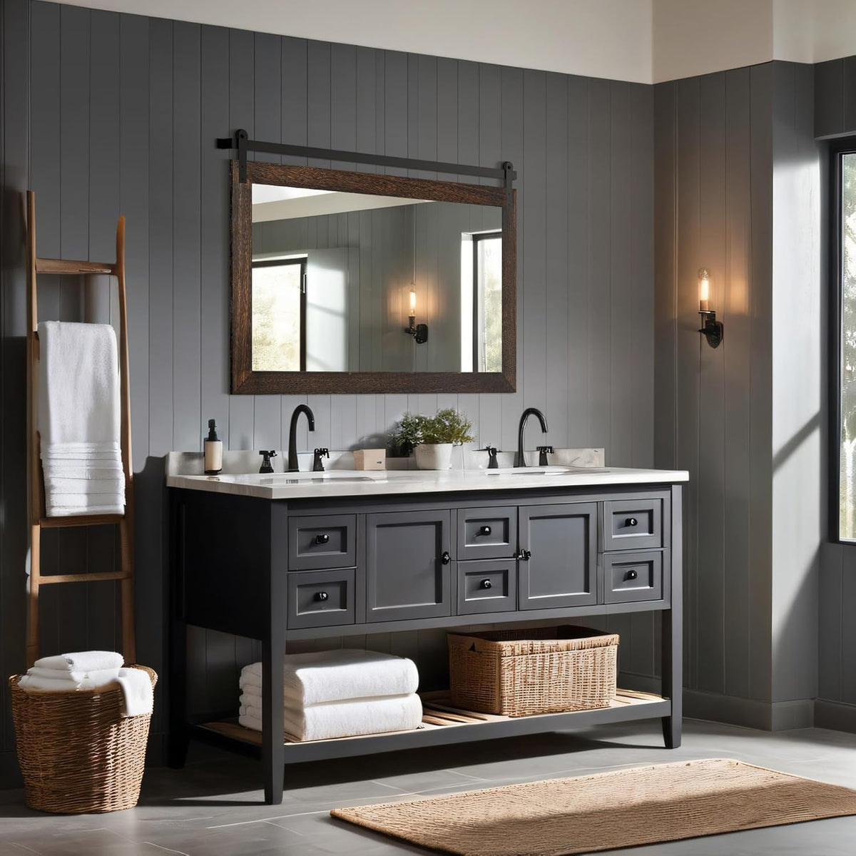 COGOOD Farmhouse Barn Door Mirror - 41 x 26 Rustic Wood Framed Wall Mirror for Bathroom, Living