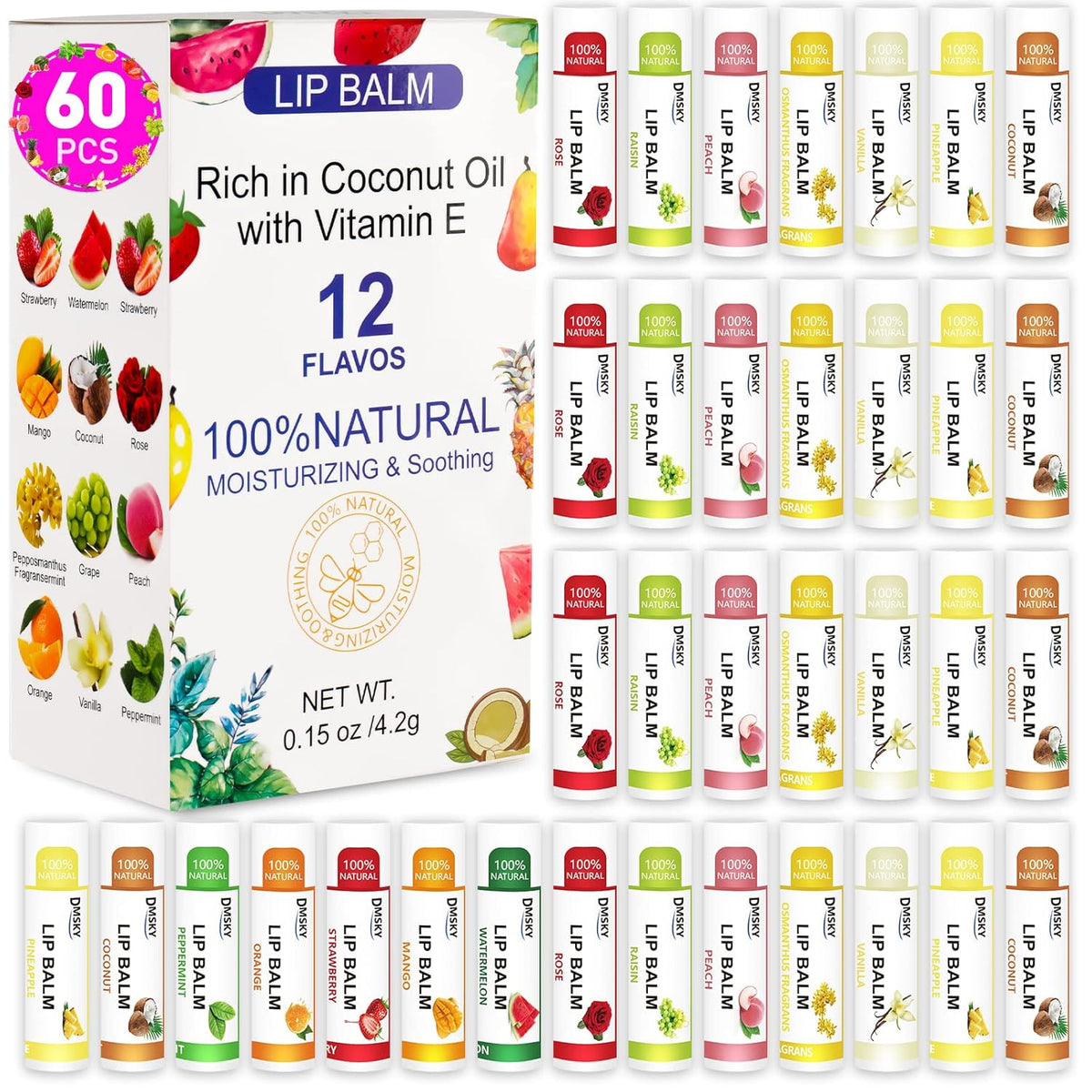 DMSKY 60 Pack Lip Balm, Natural Lip Balm Bulk with Vitamin E and Coconut Oil, Moisturizing Lip Balm