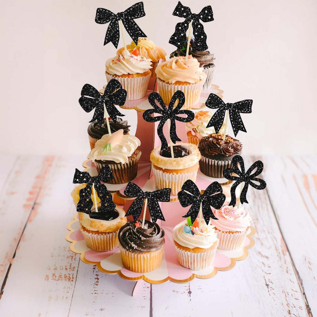 Ephlyn 24Pcs Bow Cupcake Toppers Bow Birthday Cake Topper Girls Birthday Party Decorations Bowknot