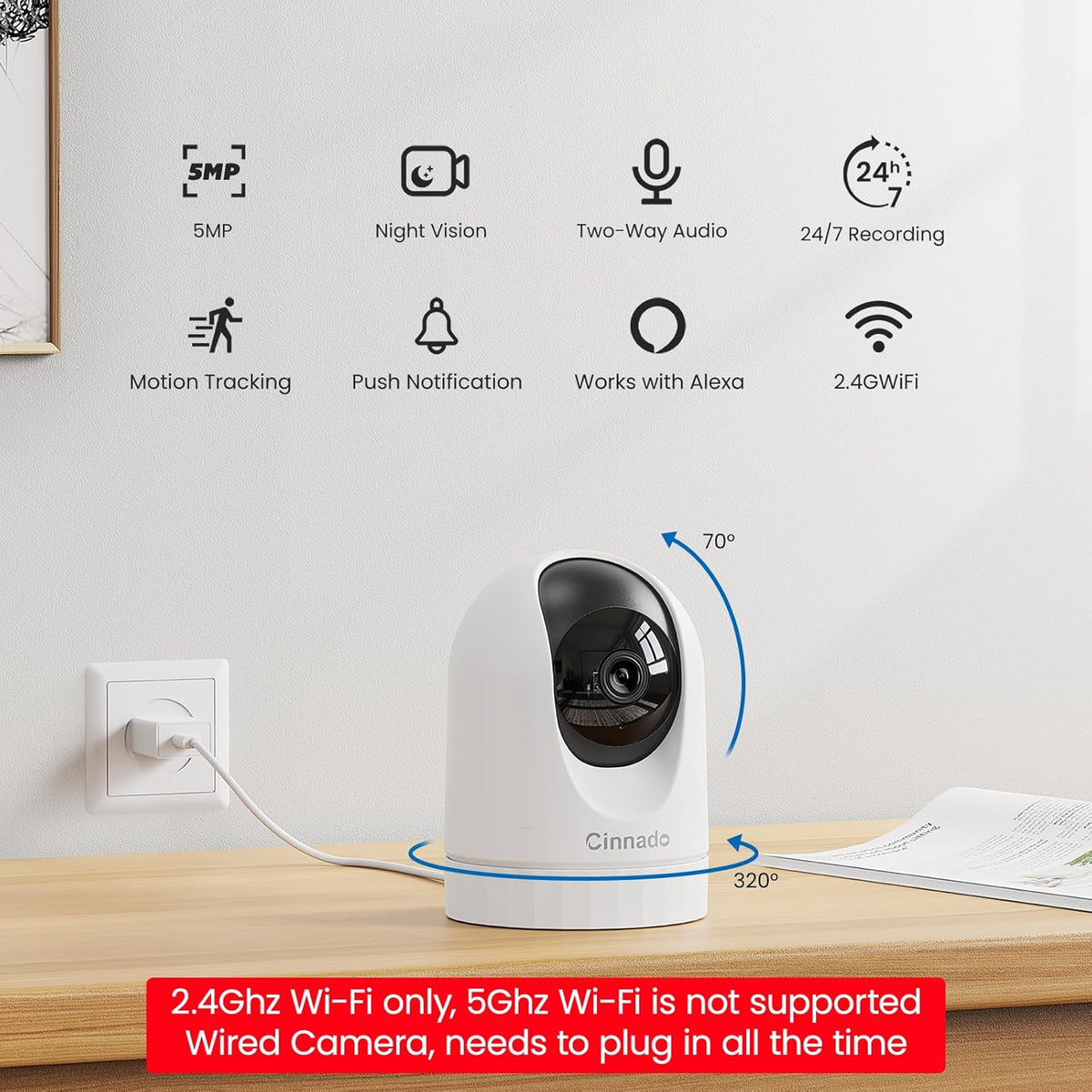 2K Indoor Security Camera-Baby Monitor with 2.4G WiFi Camera and Audio, Siren/Night Vision for