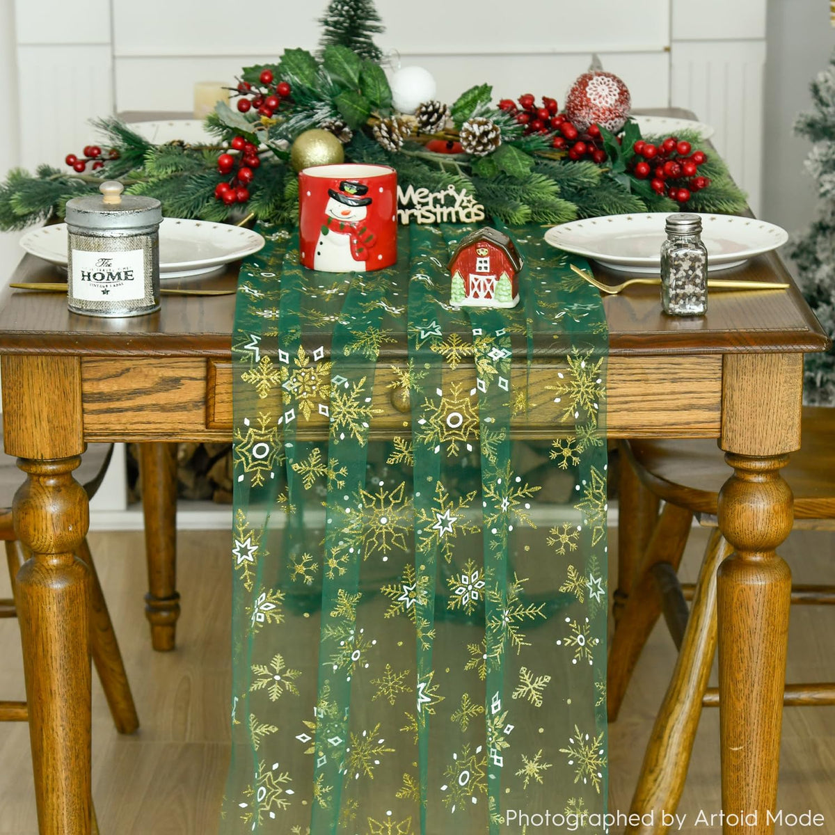 Artoid Mode Green Gold Snowflakes Christmas Gauze Table Runner 120 Inch 10FT, Winter Seasonal Sheer