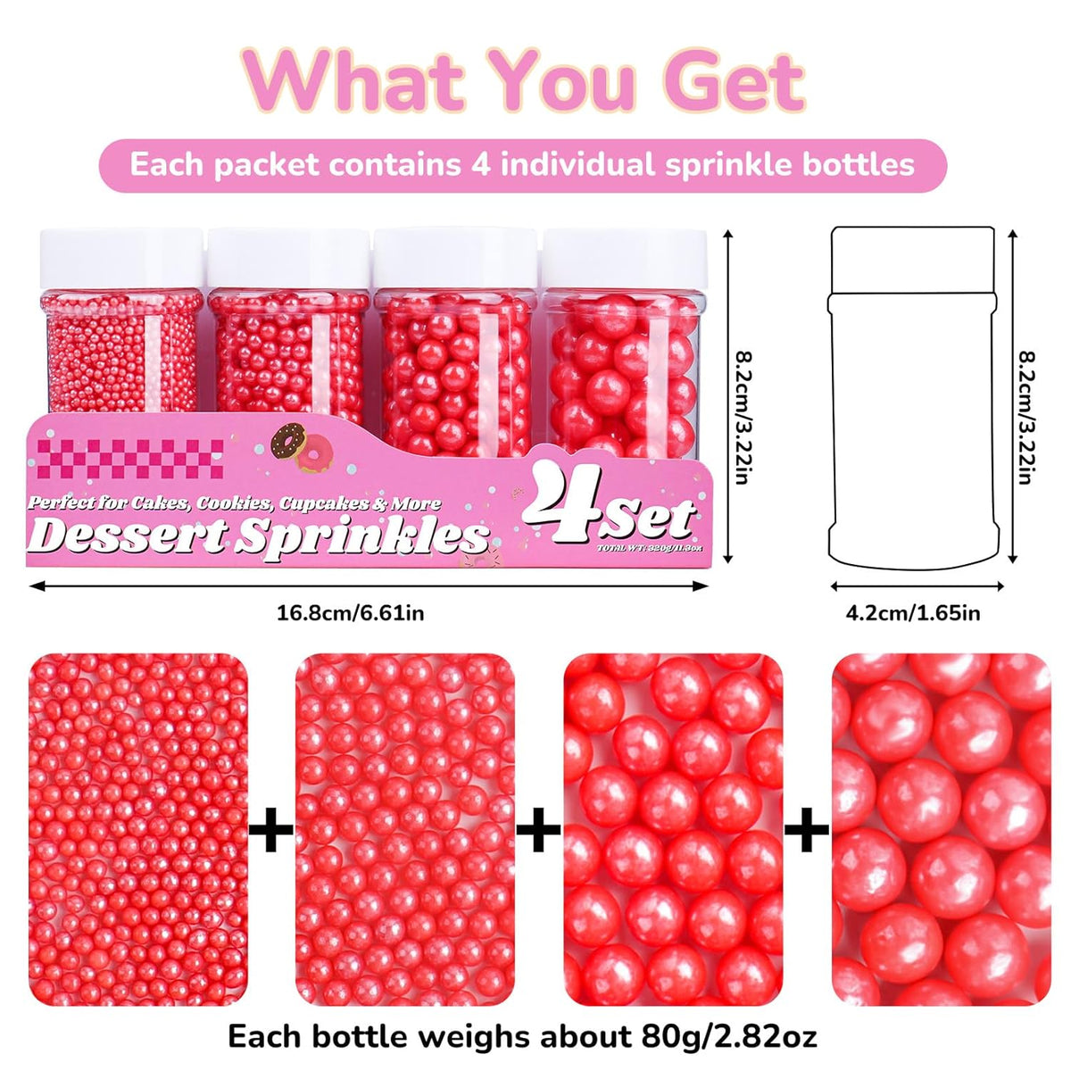 Red Pearl Sprinkles for Cake Decorating, 11.3 Oz Edible Pearls Sugar 4 Sizes Gift Box Set for