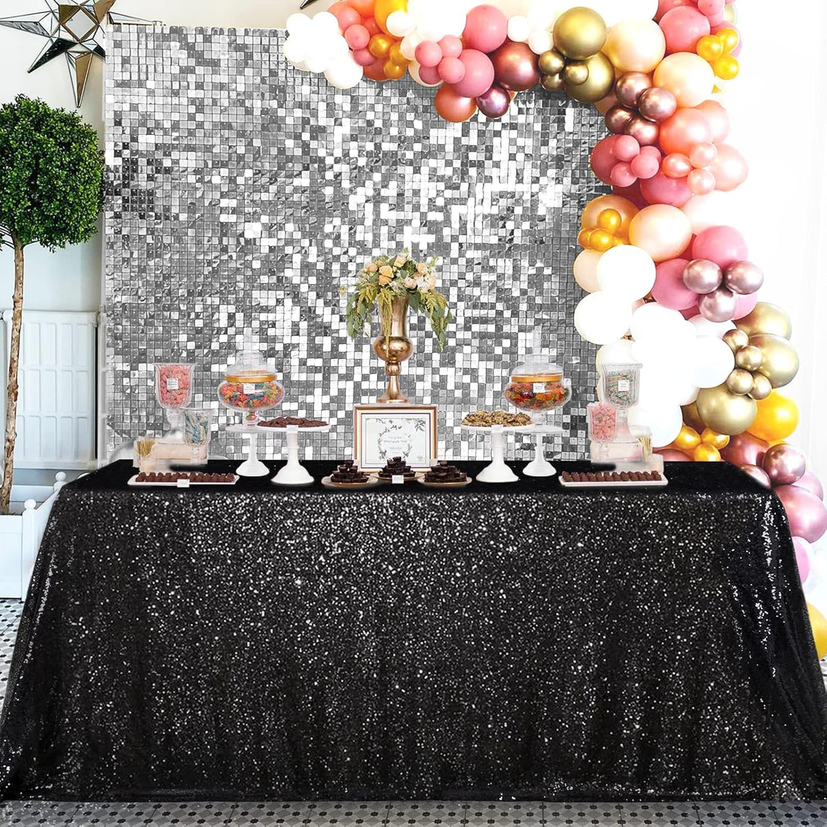 QueenDream Seamless Sequin Tablecloth 90x132 Inch Black Rectangular Tablecloth for Christmas