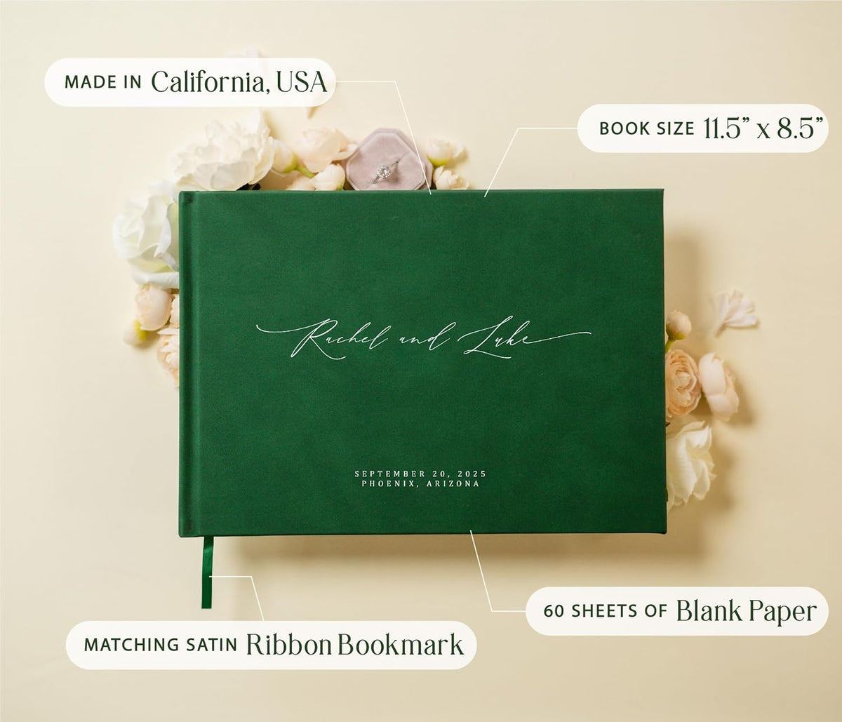 MUUJEE Personalized Guestbook in Emerald - Premium Custom Modern Guest Book for Wedding Reception