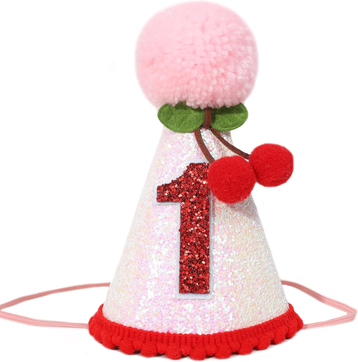 Cherry 1st Birthday Hat - Sweet One Party Decorations, Pink Glitter First Crown for Girls, Fruit