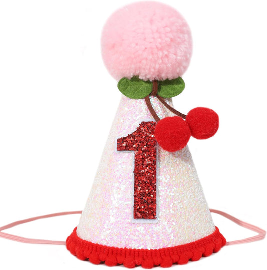 Cherry 1st Birthday Hat - Sweet One Party Decorations, Pink Glitter First Crown for Girls, Fruit