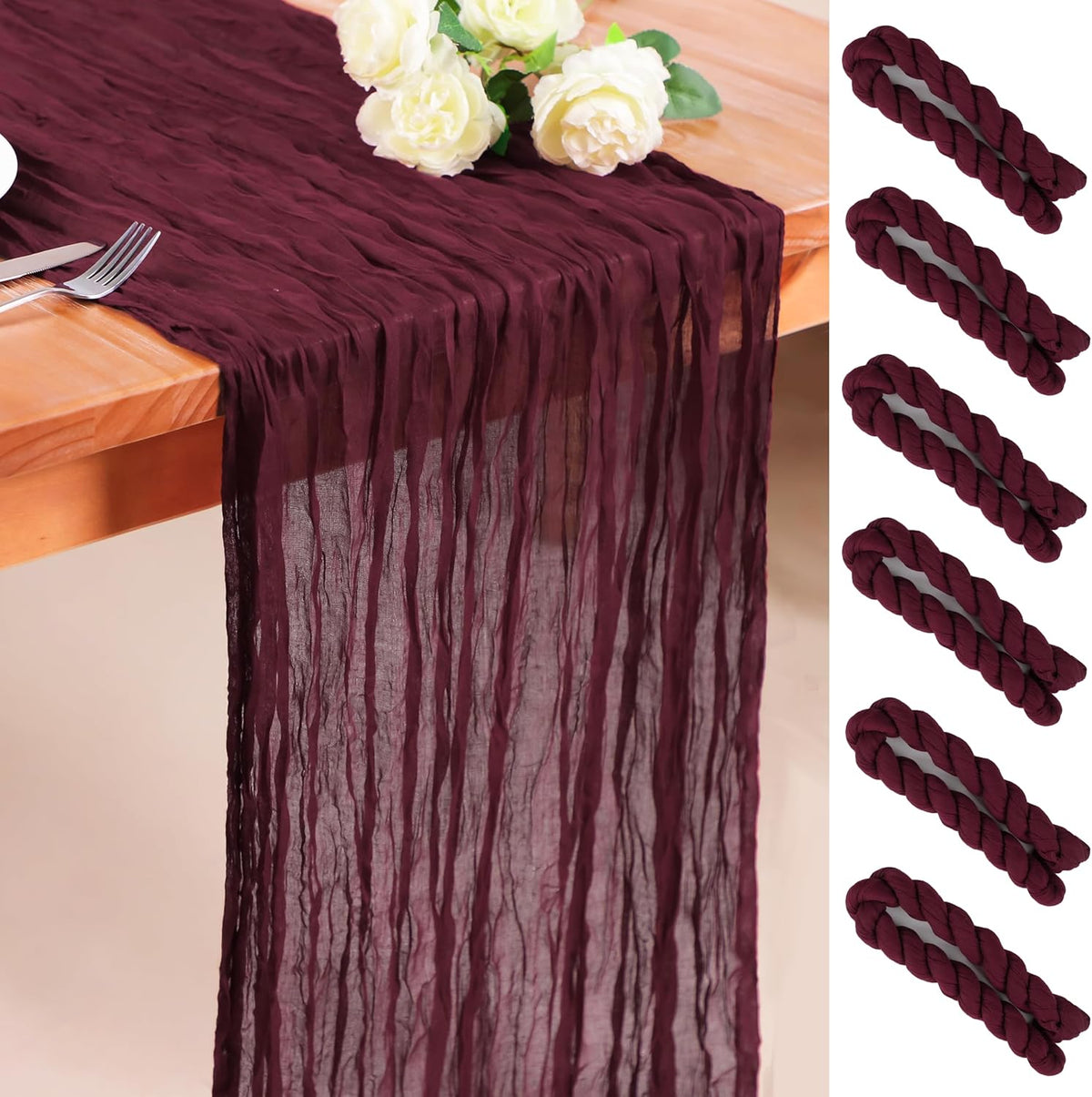 Snowkingdom 6PCS 10 Ft Burgundy Red Cheesecloth Table Runner, 120inch Long Cheese Cloth Boho Gauze