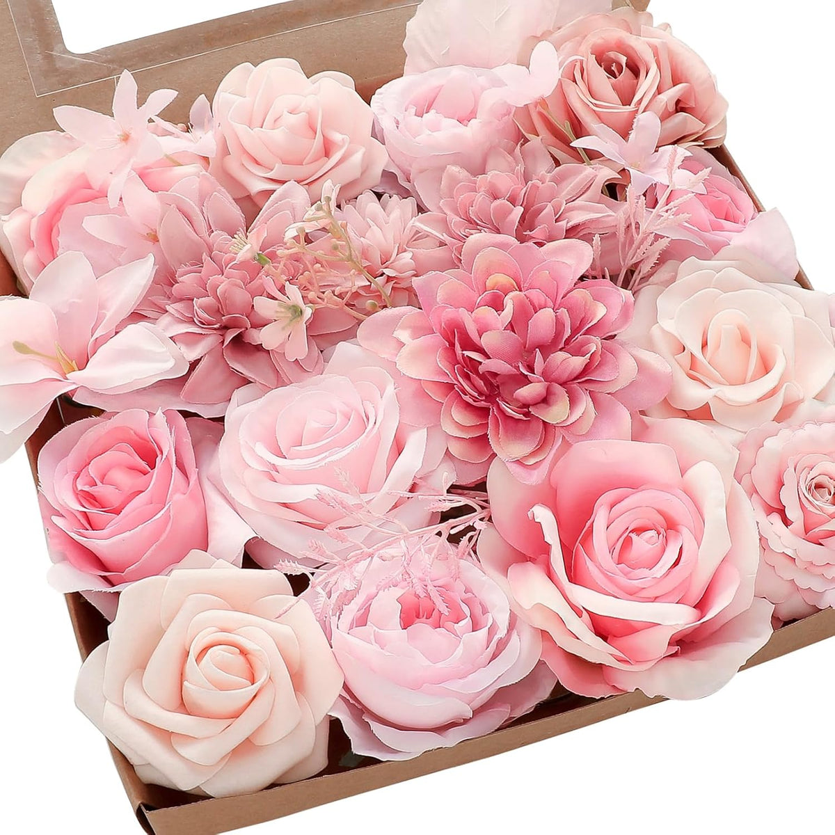 Floroom Blush Pink Artificial Flowers Fake Roses Peonies Dahlias and Greenery Combo Box Set for DIY
