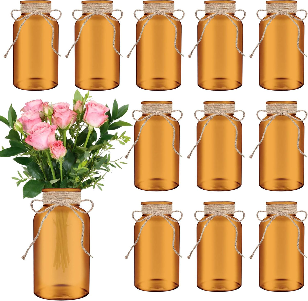 Vintage Glass Flower Vase，12 Pack Farmhouse Amber Gold Glass Centerpiece Vases Mason Jars for