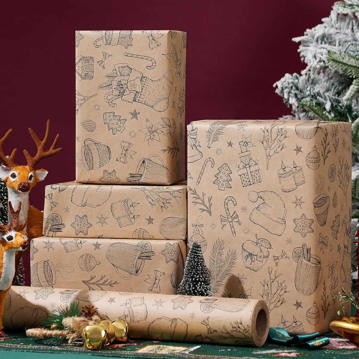 Ulmasinn Vintage Christmas Wrapping Paper Roll - Brown Kraft Paper 17" x33ft - with Cutting Line