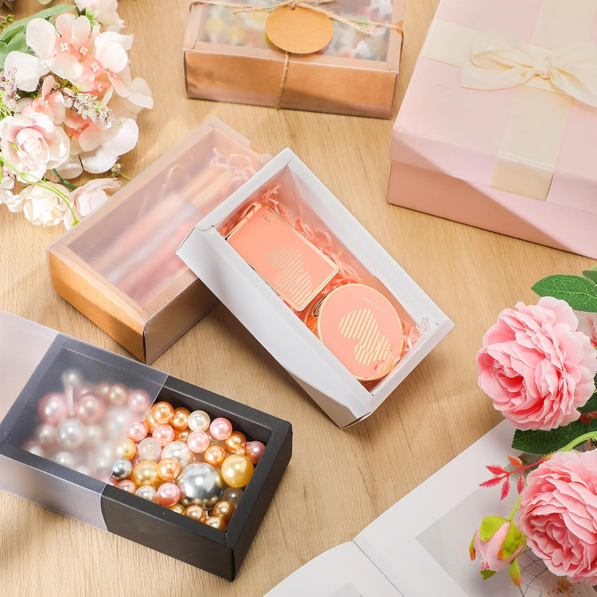Roowest 50 Sets Kraft Soap Boxes Rectangle Packaging Box with Window Homemade Gift Box with Blank