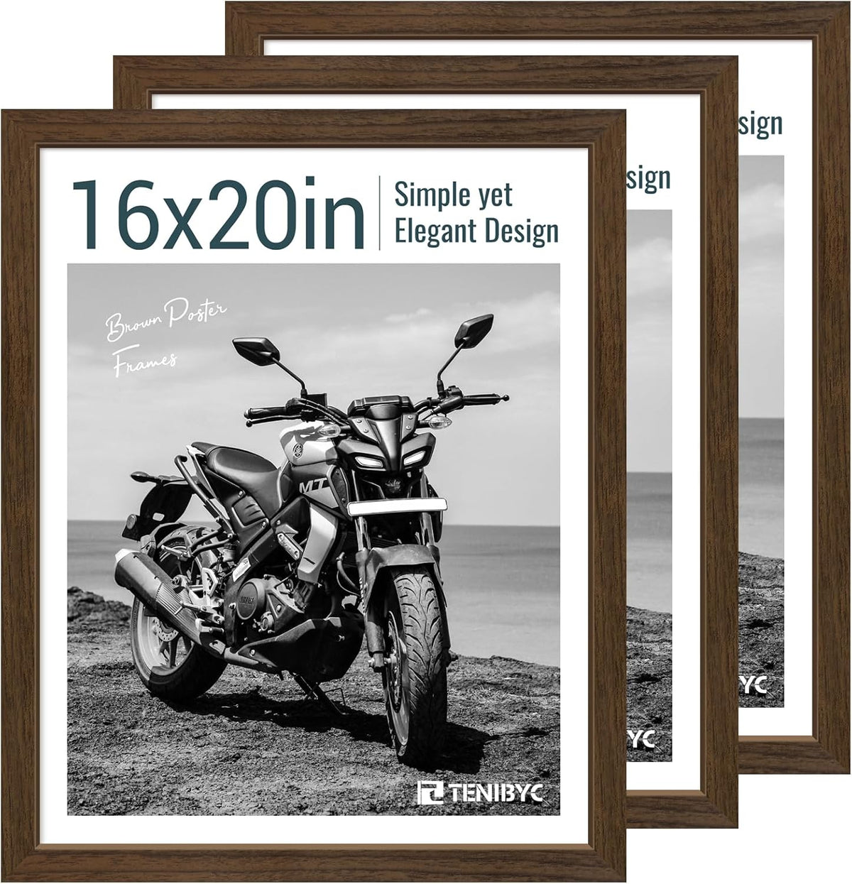 16x20 Picture Frame Set of 3 - Brown Woodgrain, Wood Poster Frame, HD Tempered Glass, Wall Gallery