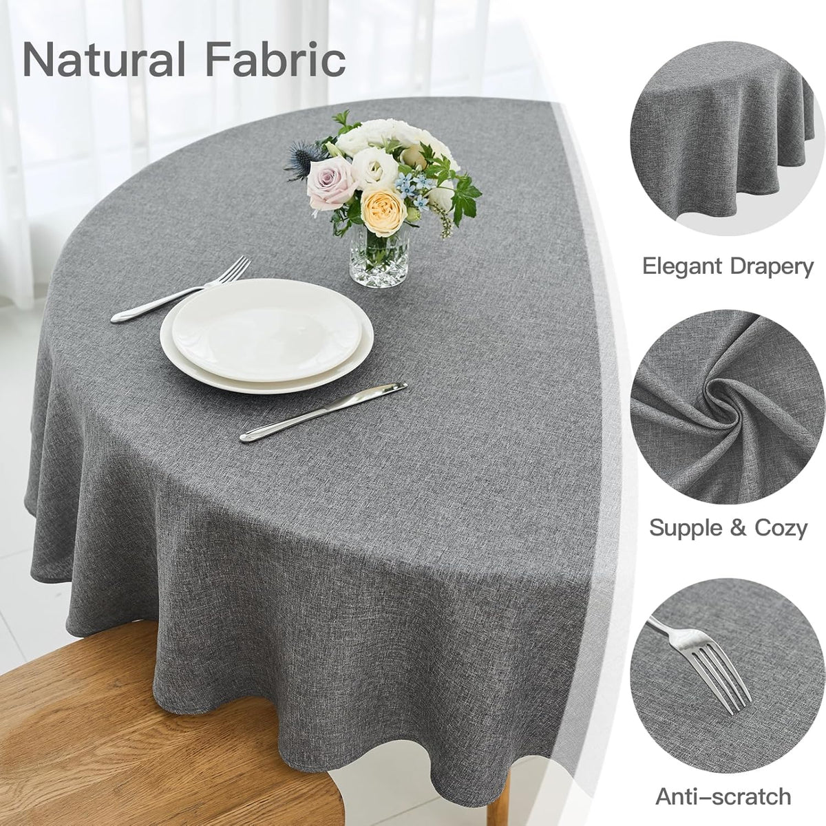 maxmill Round Linen Textured Tablecloth Spill-Proof Stainproof Wrinkle Free Washable Fabric Table
