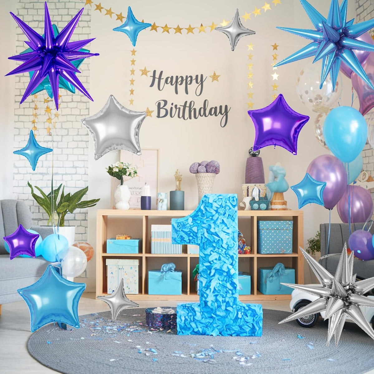 16 Pcs Blue Purple Silver Star Balloons, 22/18/10 Inch Foil Balloons, Four-Pointed Balloon for Boy