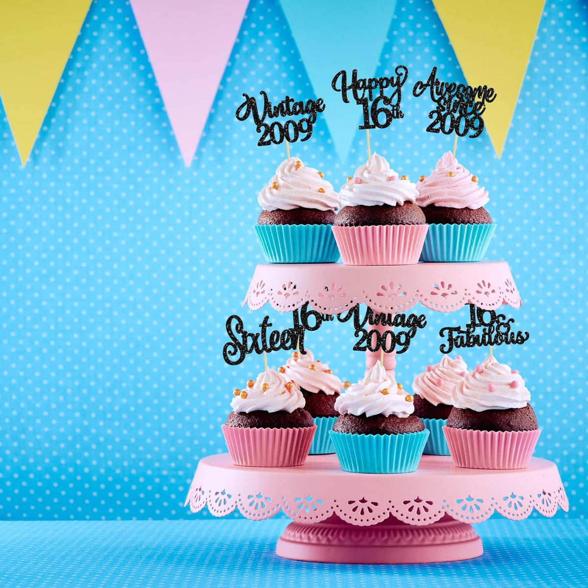 30Pcs Happy 16th Birthday Cupcake Toppers Glitter Sixteen Vintage 2009 Cupcake Picks Cheers to 16