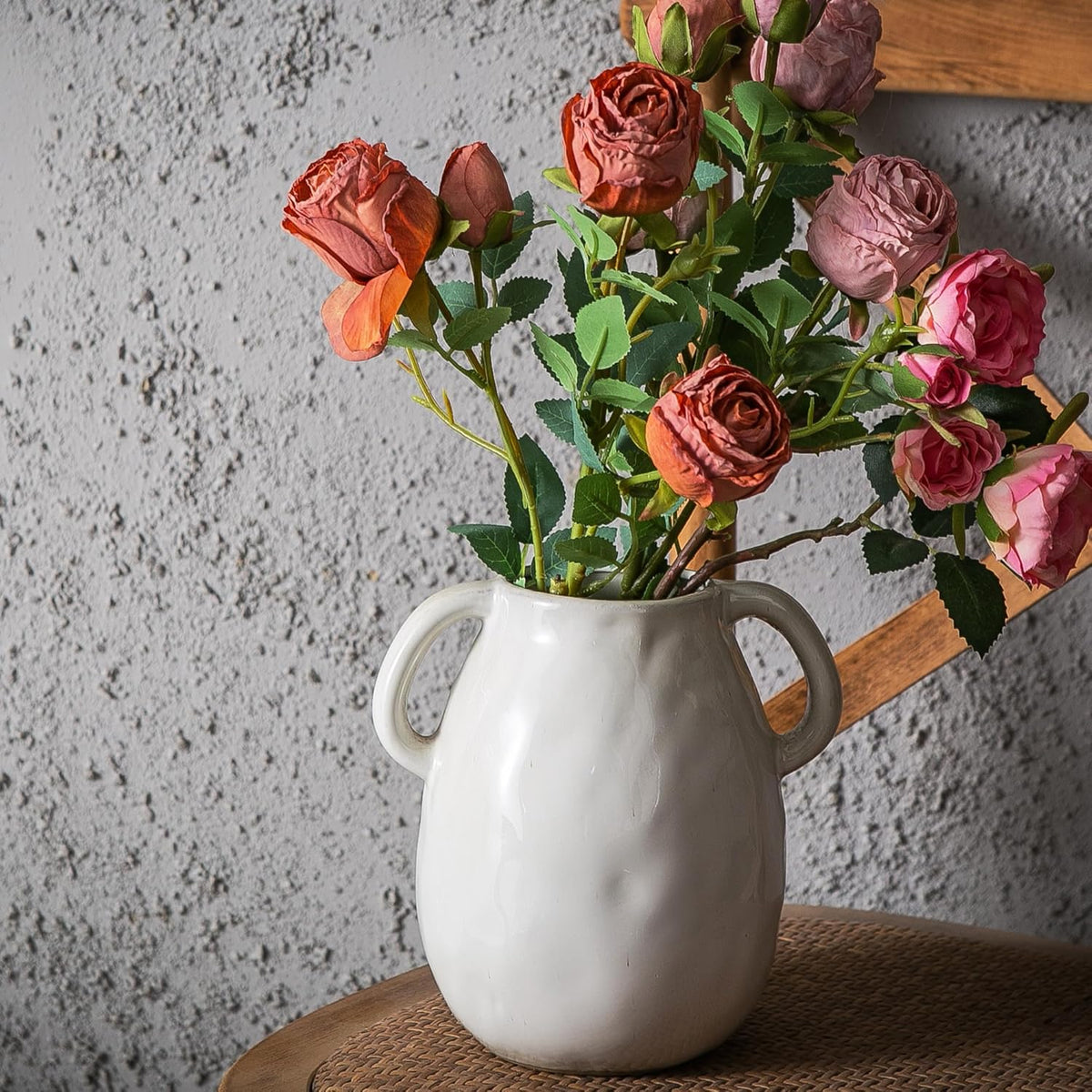 Kimdio White Ceramic Vase with 2 Handles, Modern Farmhouse Vases for Home Decor, Rustic Pottery