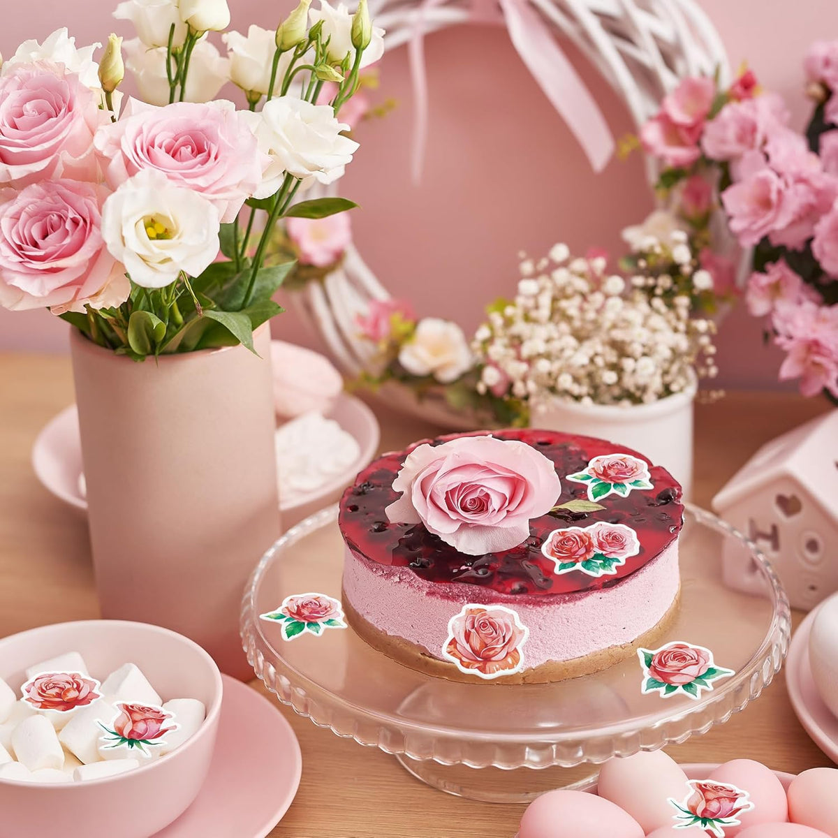 48PCS Edible Rose Flower Cupcake Toppers Wafer Paper Roses Decorations Flower Birthday Party