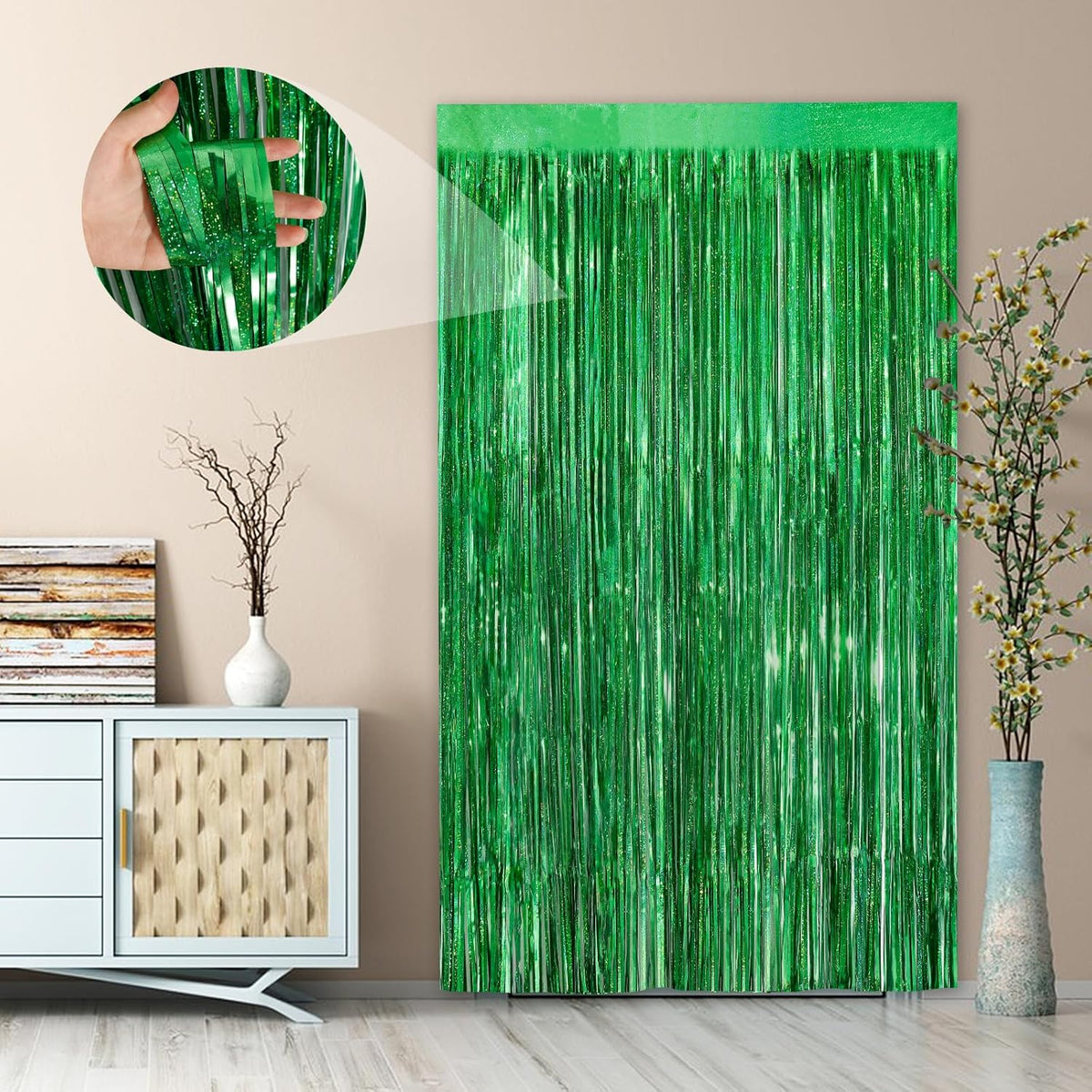 Green Party Streamers 2Pack Foil Fringe Curtains 3.3 x 8.3ft Door Streamers Metallic Tinsel Curtain